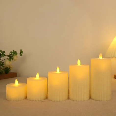 Ribbed Moving-Flame LED Pillar Candle — TYL-020A