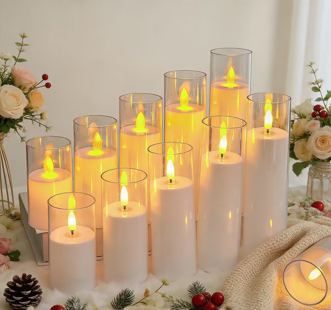 White LED pillar candles arranged in several heights